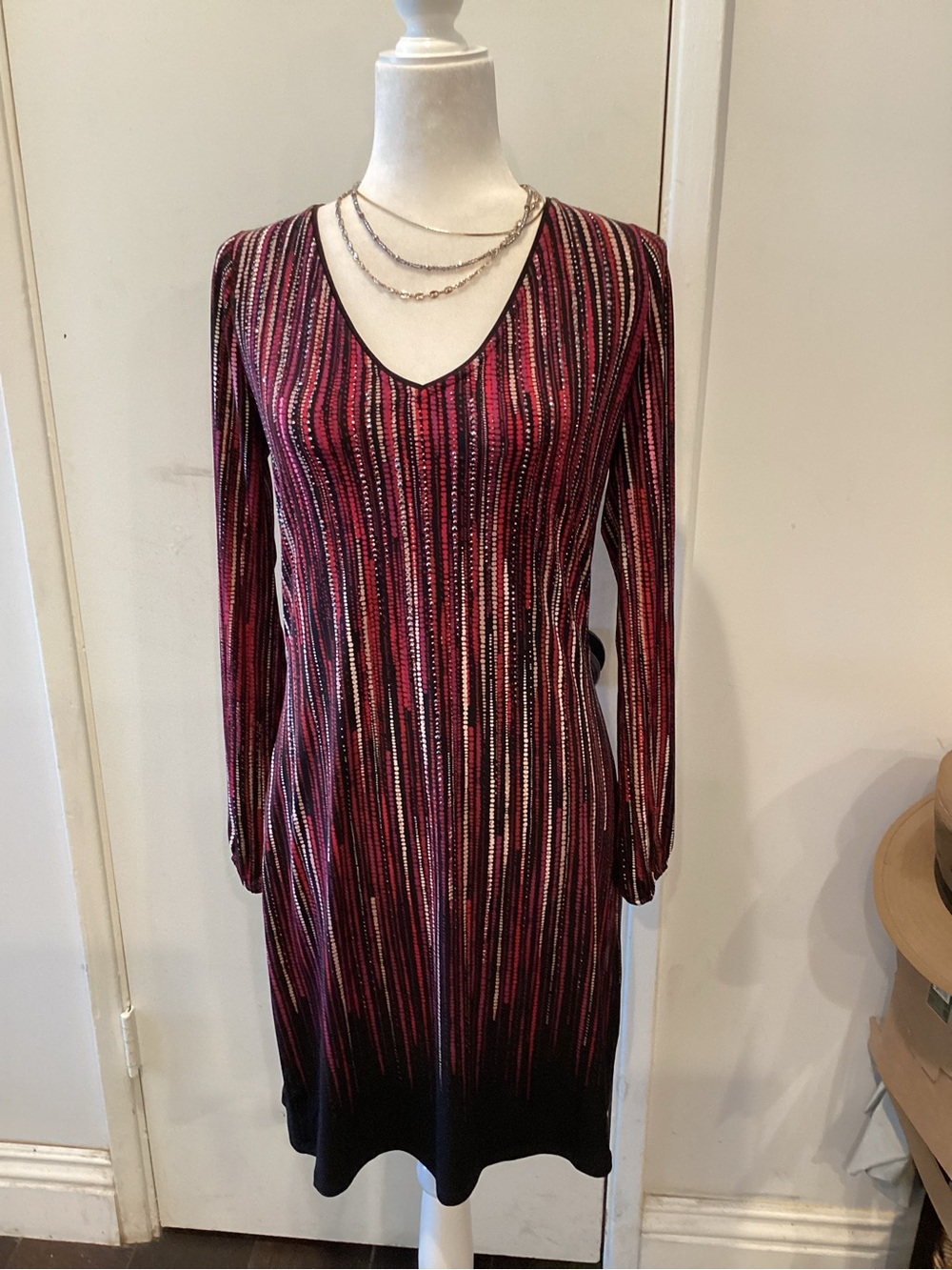 White House Black Market Red & Black Striped V‑Neck Midi Dress